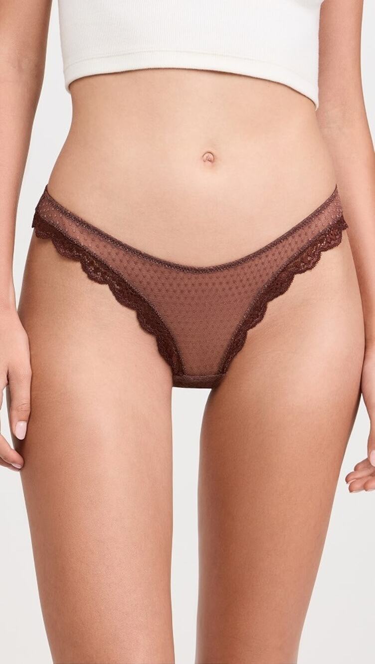 Intimately Free People Womens S Mocha Polka Dot Mesh Mid Week Thong Panty C12-6